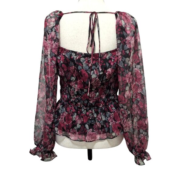 Lucy Paris Moody Floral Peplum Top Shirred Waist Ruffle Hem Balloon Sleeve Sz M - Picture 4 of 9
